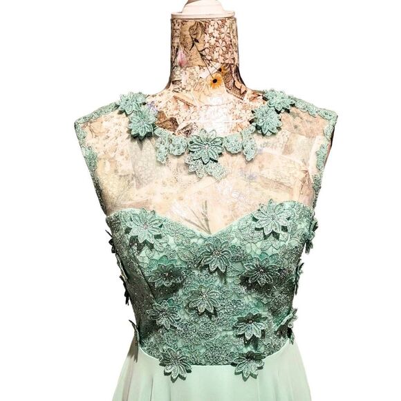 Formal Lt Green Rhinestones Floral Lace Sweetheart Bodice Long Gown Maxi Dress - Picture 10 of 15